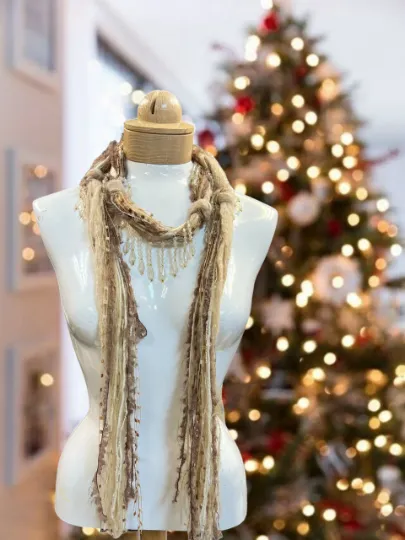 Boho Beaded Lightweight Mohair Scarf Necklace - Tan, Taupe and Gold