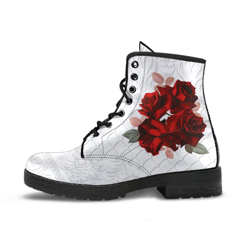 Combat Boots - Beautiful Red Roses #102 | Boho Shoes, Handmade Lace Up Boots, Vegan Leather Lace Up Boots Women