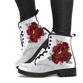 Combat Boots - Beautiful Red Roses #102 | Boho Shoes, Handmade Lace Up Boots, Vegan Leather Lace Up Boots Women