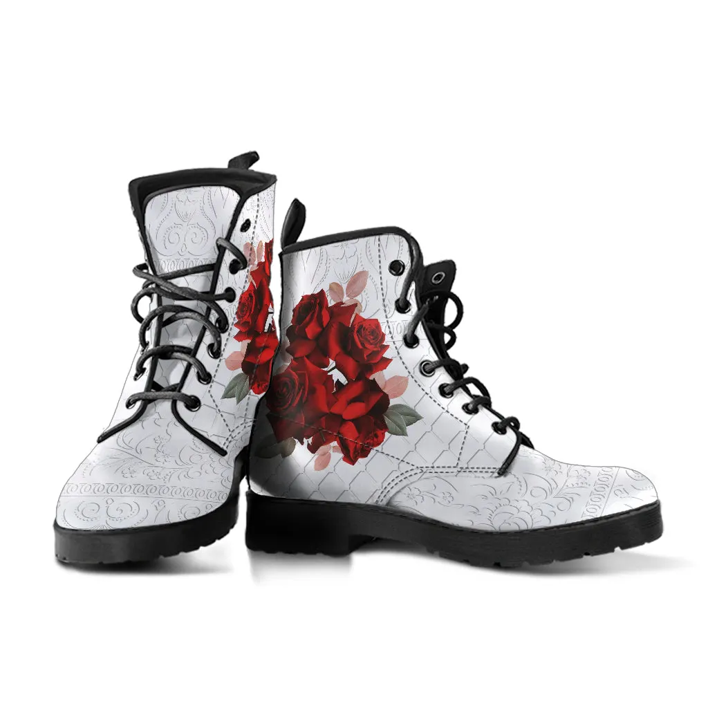 Combat Boots - Beautiful Red Roses #102 | Boho Shoes, Handmade Lace Up Boots, Vegan Leather Lace Up Boots Women