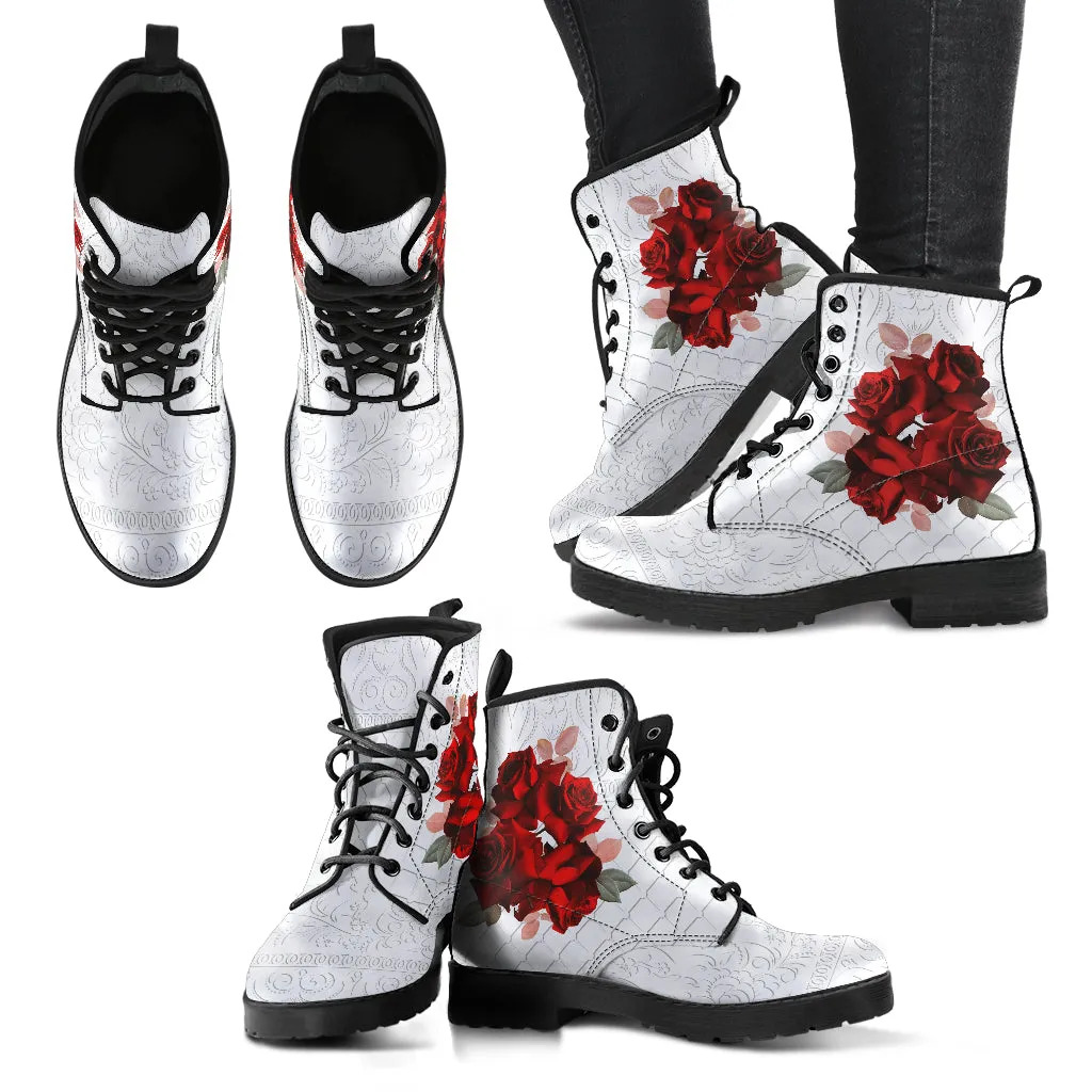 Combat Boots - Beautiful Red Roses #102 | Boho Shoes, Handmade Lace Up Boots, Vegan Leather Lace Up Boots Women