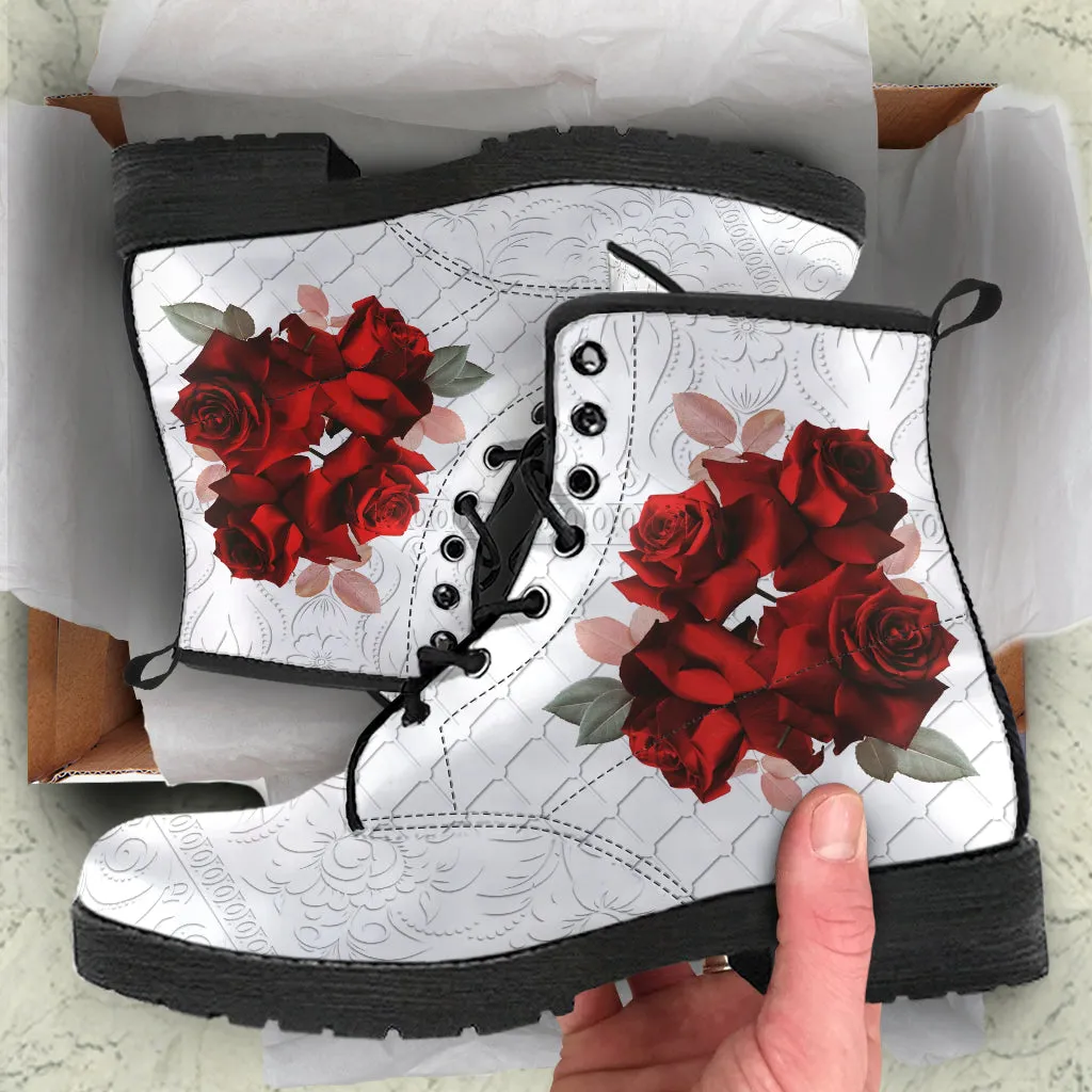 Combat Boots - Beautiful Red Roses #102 | Boho Shoes, Handmade Lace Up Boots, Vegan Leather Lace Up Boots Women
