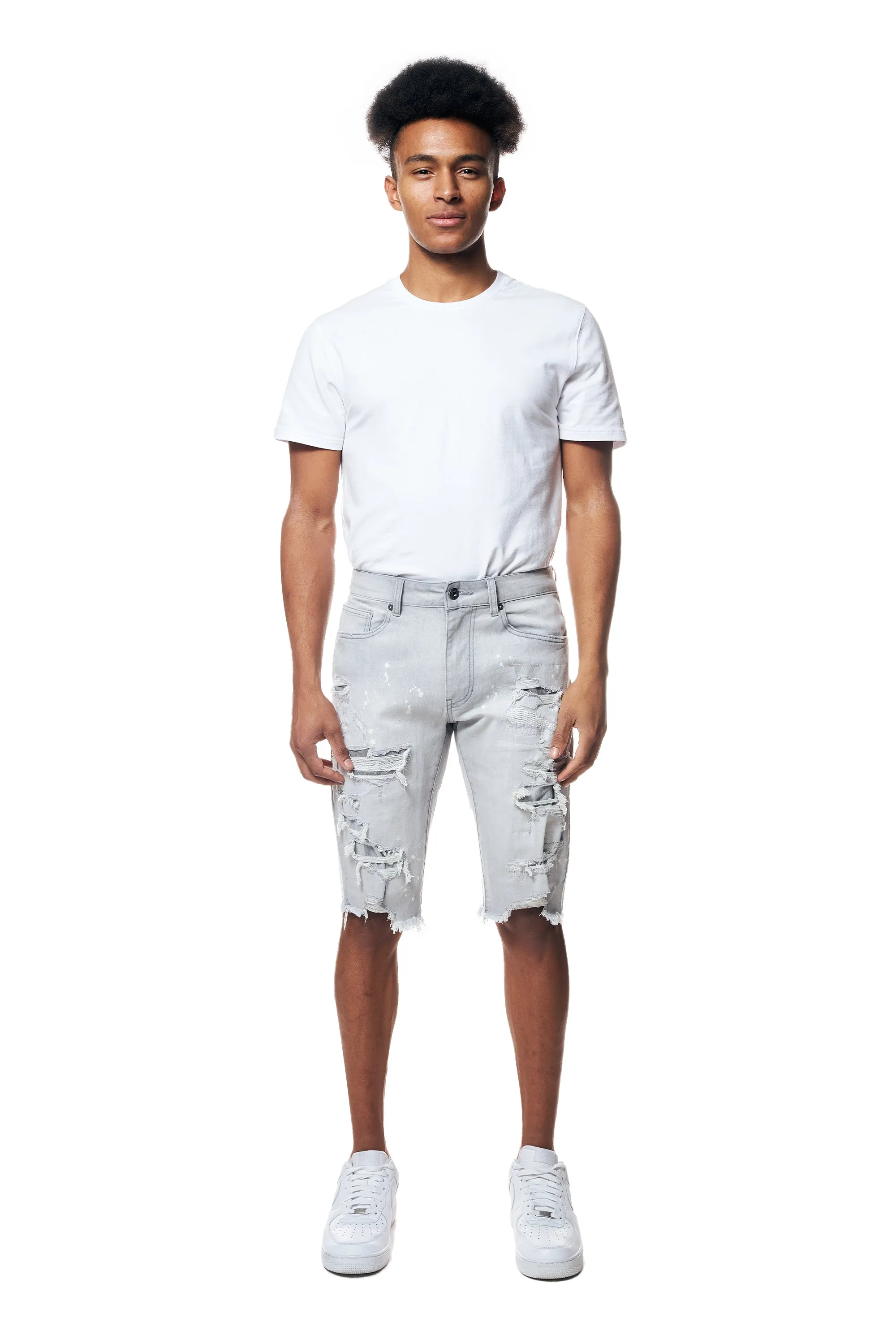 Distressed Rip & Repair Jean Shorts - Light Grey