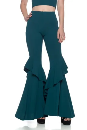 Green Flares Into Bell Bottoms Ruffles Pants