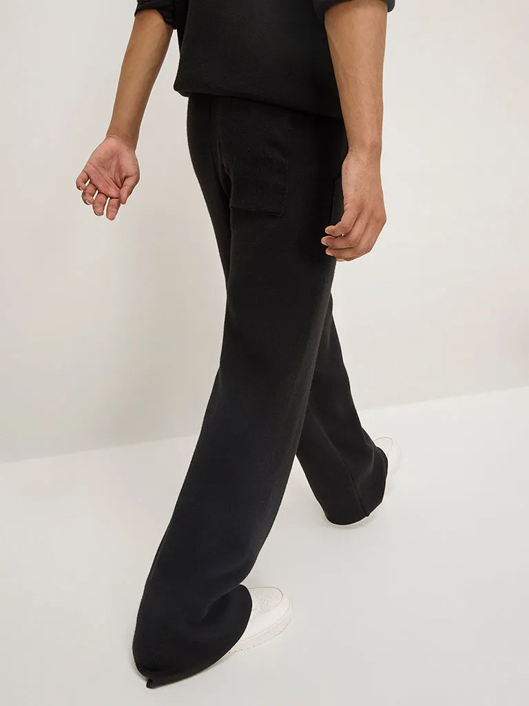 Studiofit Black Knitted Relaxed-Fit Mid-Rise Track Pants