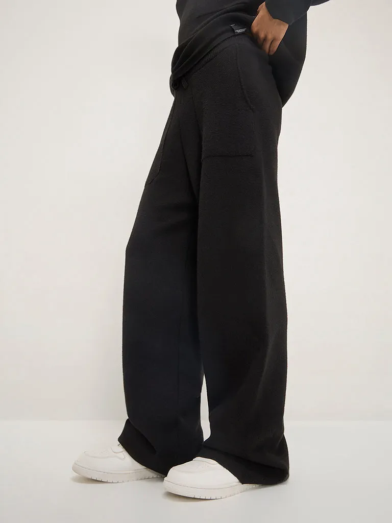 Studiofit Black Knitted Relaxed-Fit Mid-Rise Track Pants