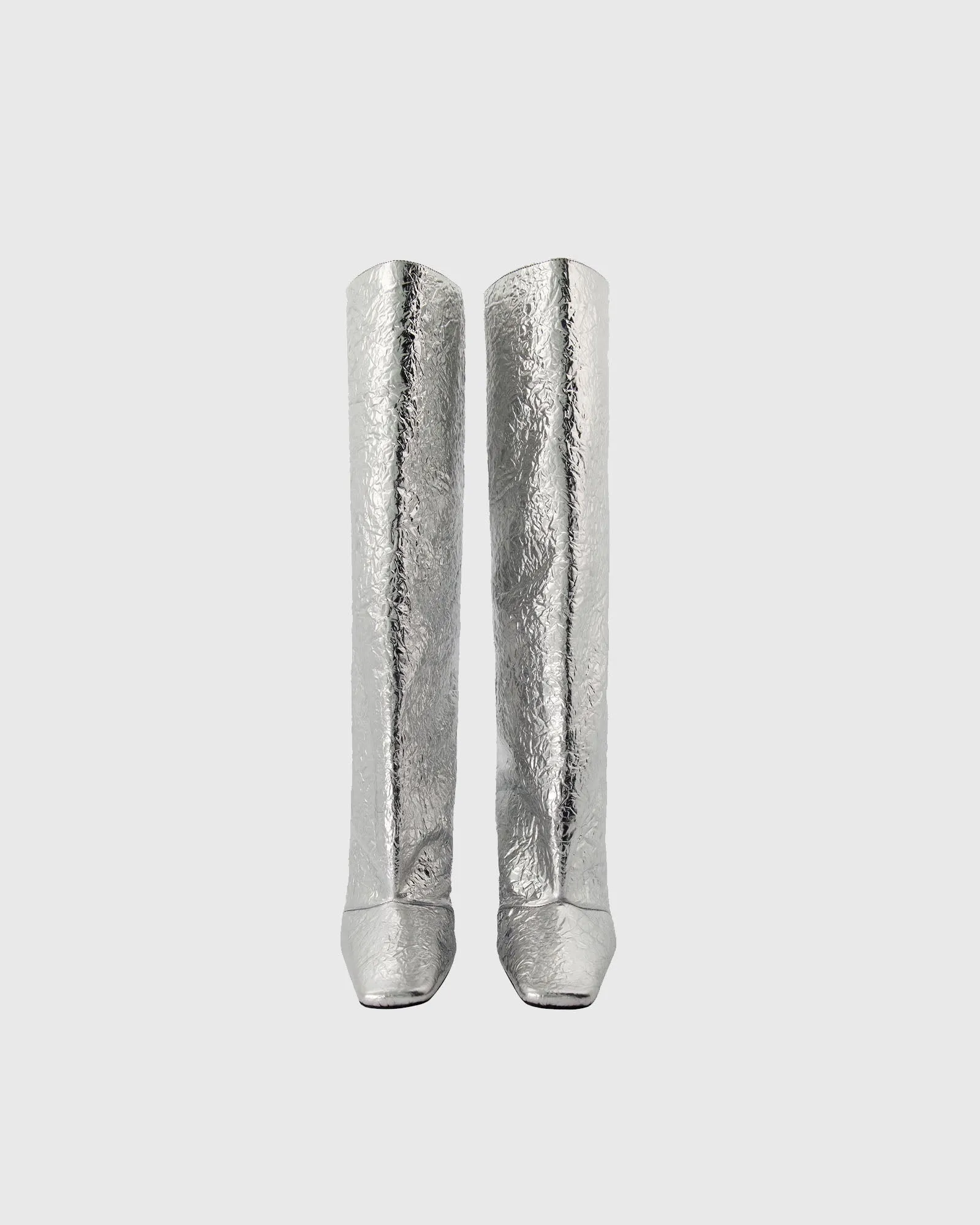 Yamin Ruched Metallic Knee High Boots In Silver